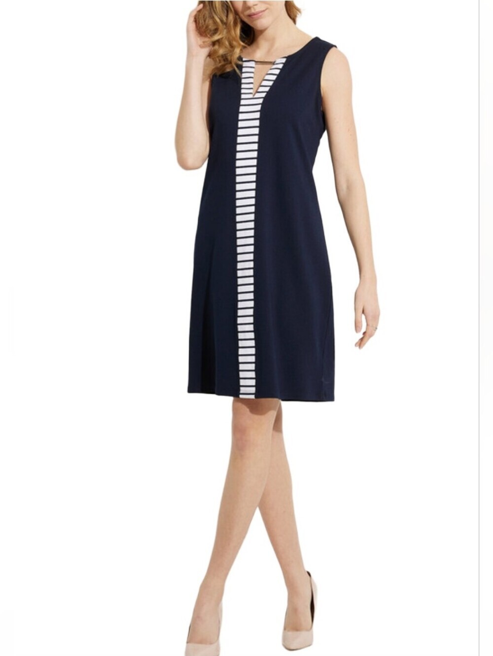 Orly Navy Sleeveless Shift Dress With White Striped Trim Size S